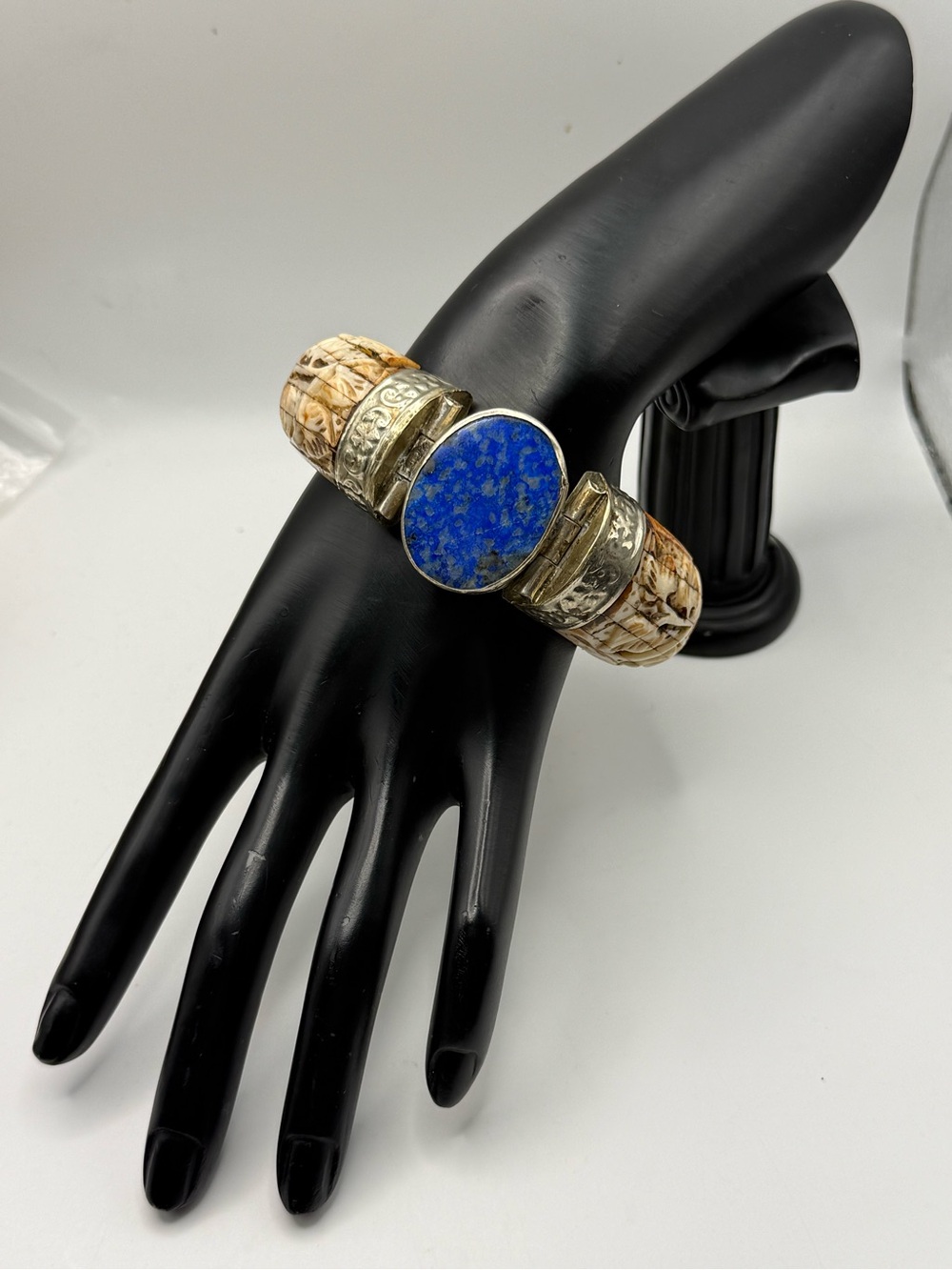 Vintage Tribal Lapis Lazuli Carved Bone Hinged Cuff Bangle Statement Bracelet